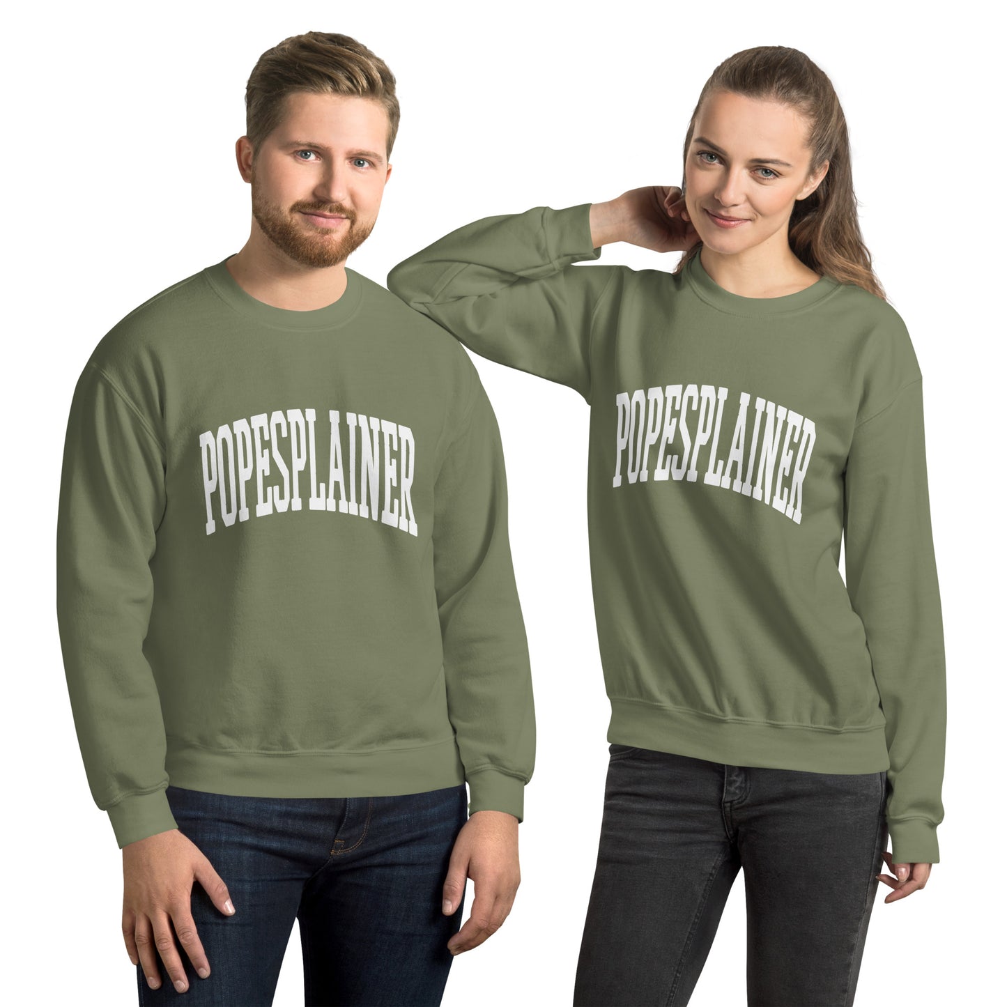 Popesplainer unisex sweatshirt in olive green with the slogan printed in white.